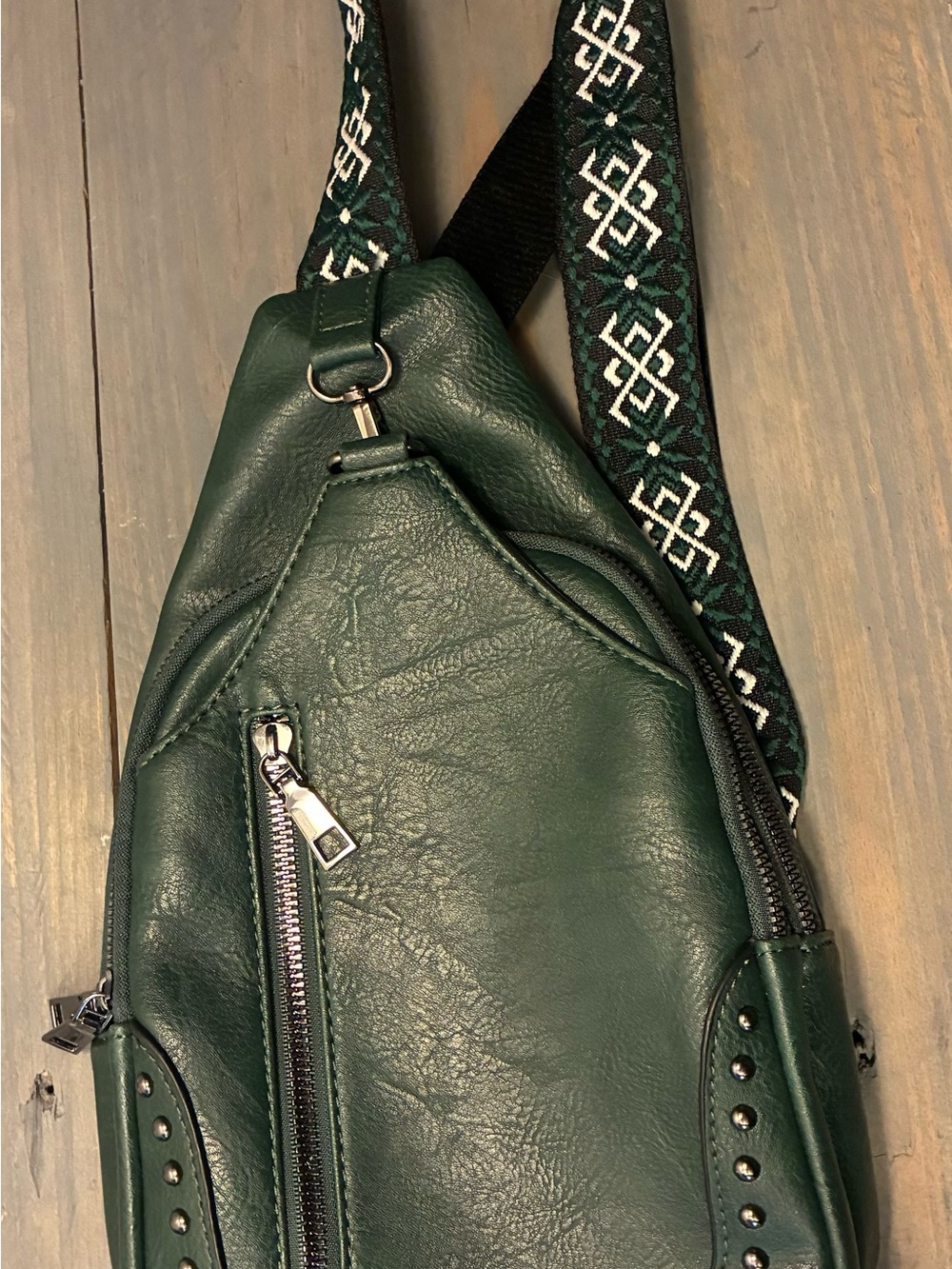 Forest Green Leather Crossbody Sling Bag with Patterned Strap